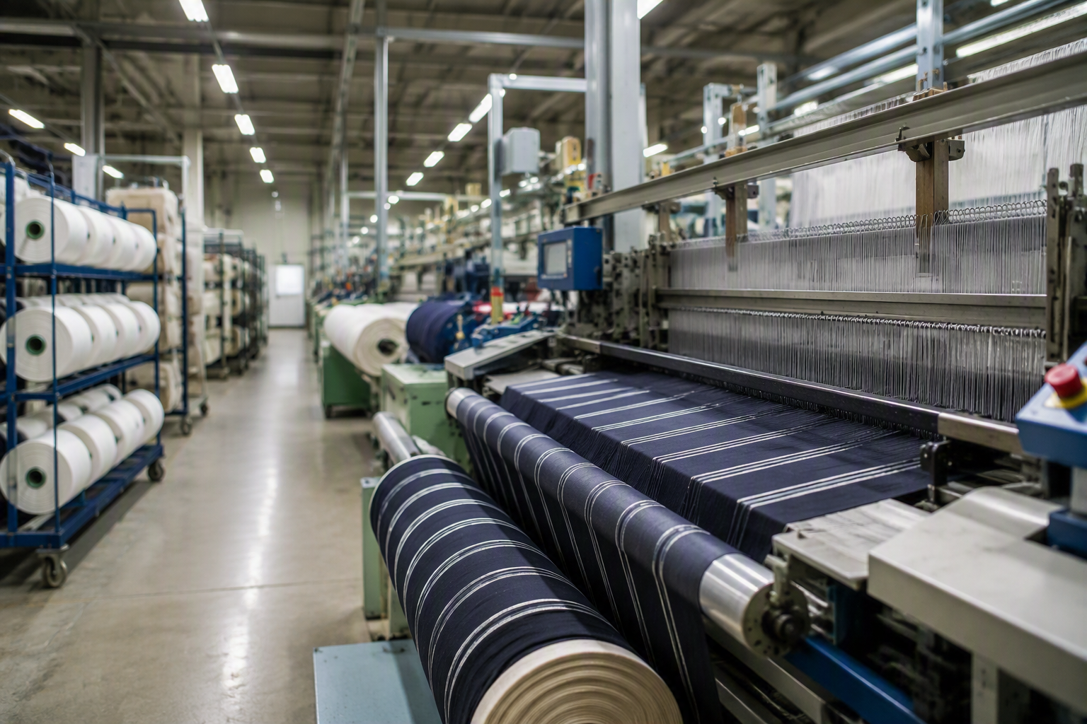 Beispielhafte Textilproduktion mit industriellen Webmaschinen